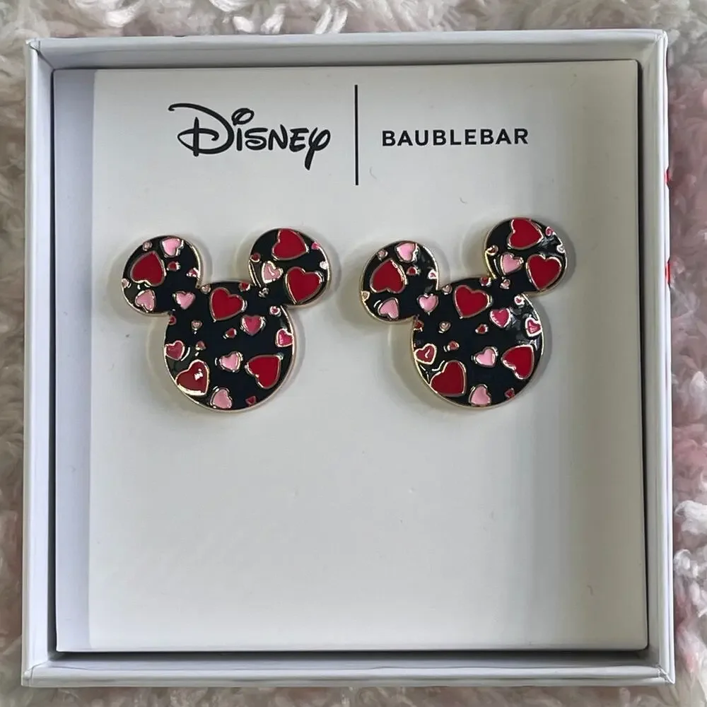 Disney BaubleBar Mickey Mouse Valentines Heart Print Stud Earrings Red Pink Gold